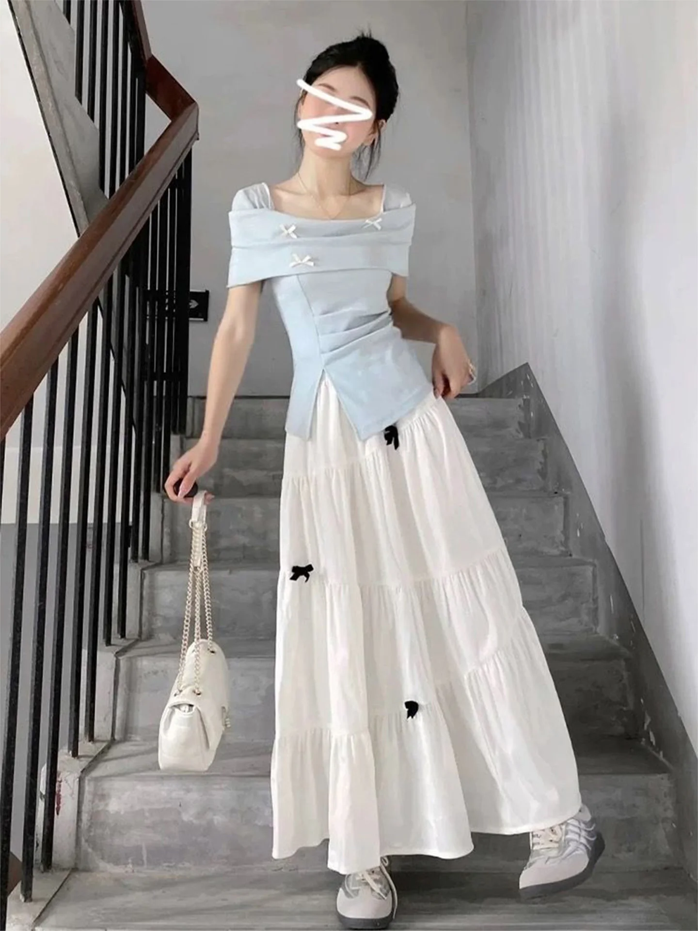 Summer Blue Short Sleeve Dress Top And High Waist Skirt Two Piece Set Women's Fashion Outfit High Quality  Knot Design