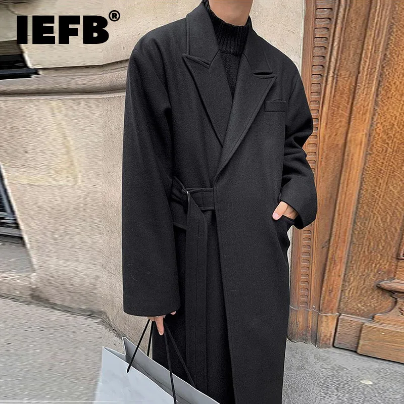 IEFB Men\'s Woolen And Mixtures Coat Autumn Winter Mid Long Thickened Korean Trend Loose Overcoat Male New Bandage Waist