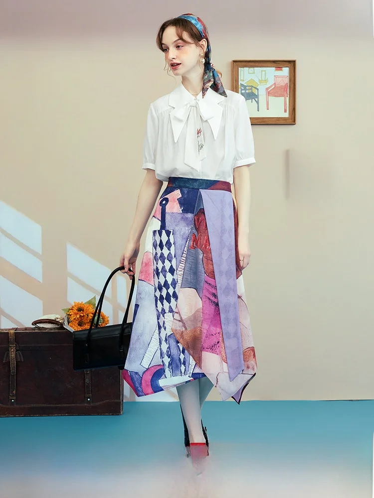 

Abstract Print Asymmetrical ter Skirt Vintage Sle One oulder Midi Skirt High Waist Polyester Fiber Summer New Arrival