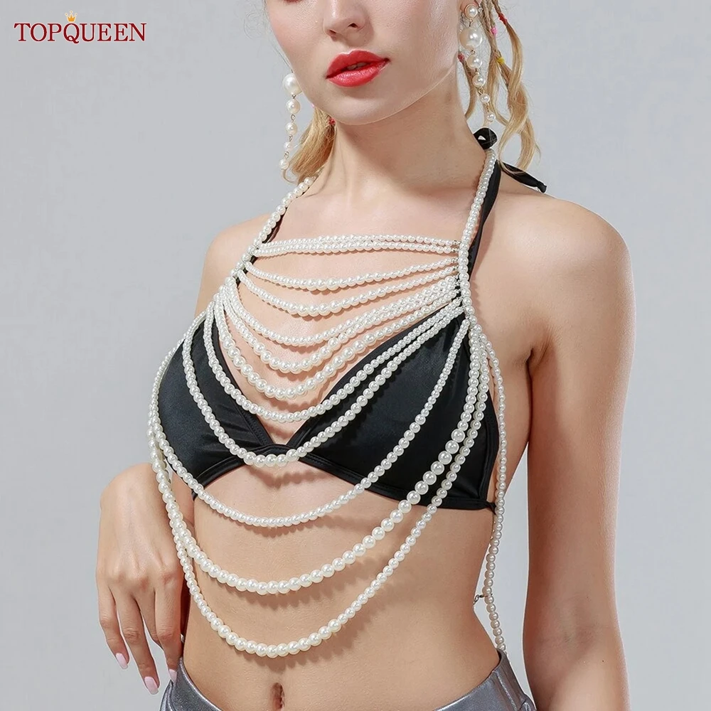 TOPQUEEN G69 Pearls Beaded Wedding Jacket Stage Party Beach Bachelor Party Accessories Design Body Chain  DIYBolero Women Summer