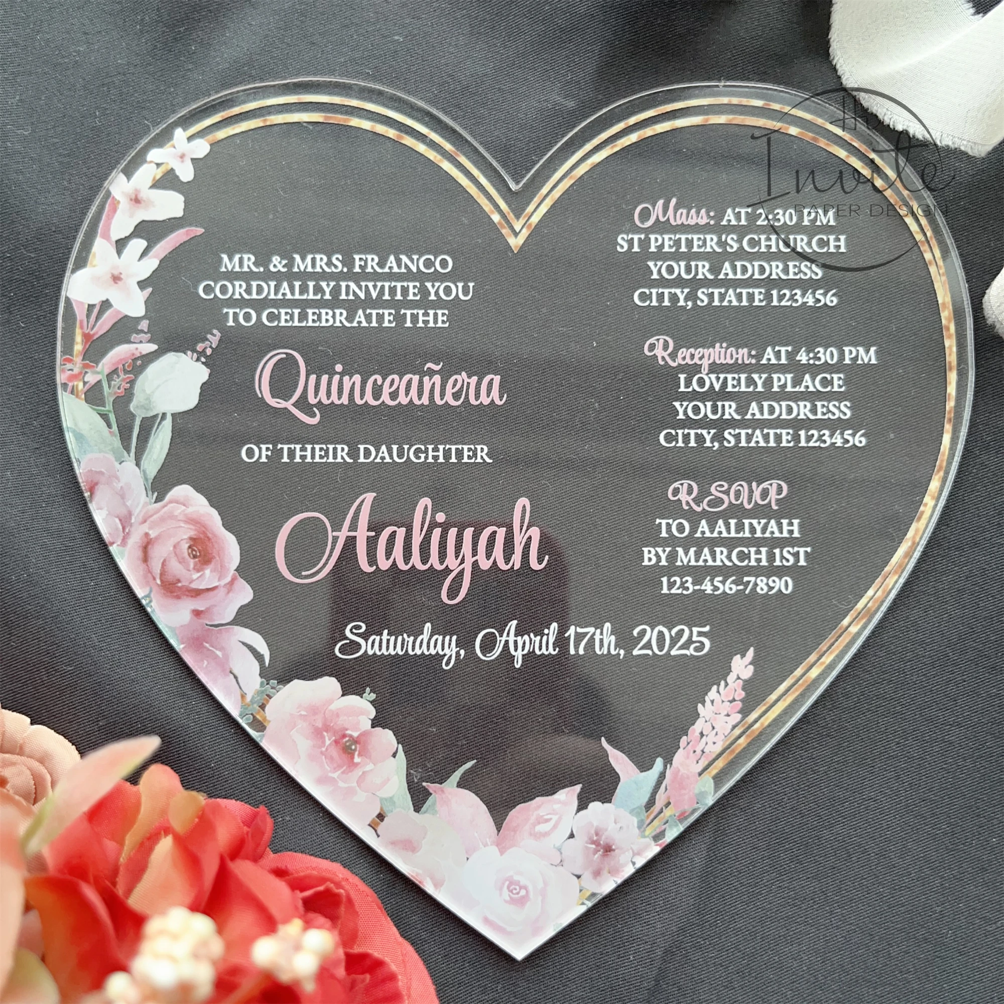 Rose Gold And Blush Heart Shape Acrylic Quinceañera Invitation, Fancy Light Pink Sweet 15 Invite With Flower