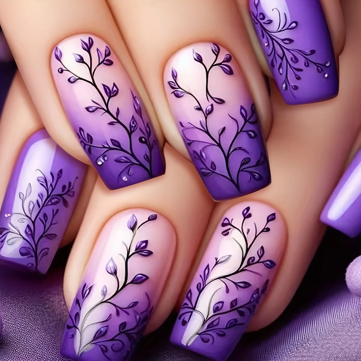 24Pcs Purple Press on Nails Flower Designs Almond Fake Nails Diamond Decor Woman Lady Wearable Manicure False Nails Tips