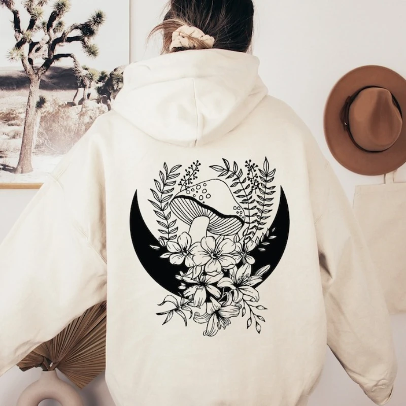 Floral Moon Mushroom Hoodie Long Sleeve Loose Warm Fleece Fall Goblincore Psychedelic Sweatshirt Mental Patterned Plant Inspired