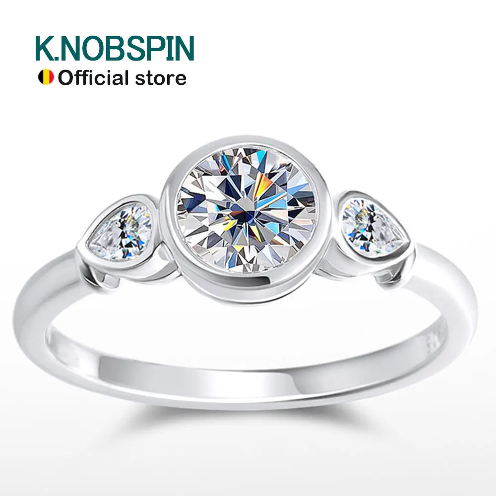 KNOBSPIN 3 Stones Moissanite Engagement Ring s925 Sterling Silver Plated 18k White Gold GRA Certified Promise Rings for Women