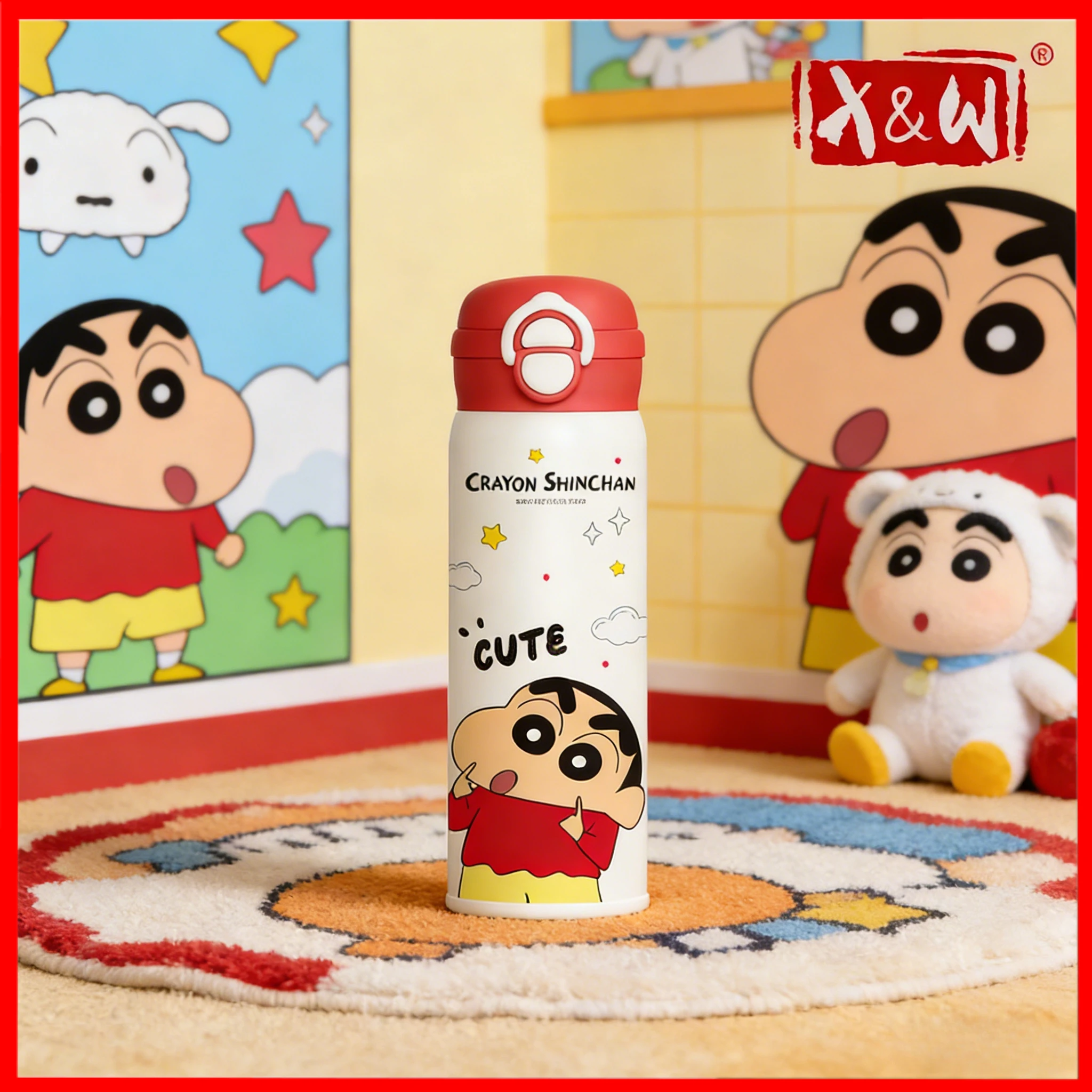 X&W 500 ml Crayon Shin Chan Thermoskanne 316/304 Edelstahl + PP-Knopf, offener Deckel, Strohbecher, Wasserflasche, tragbar, für Sport und Camping