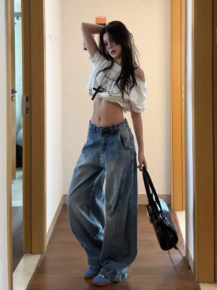 Retro American High Waist Wide Leg Jeans Women's Spring Autumn Loose Slimming Design Casual Washed Denim Pants