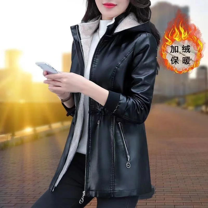 Autumn Winter Jackets Plus Velvet Women\'s Leather Coat 2024 Black Green Hooded Fashion Outwear Zipper Thick Warm Short Jacket