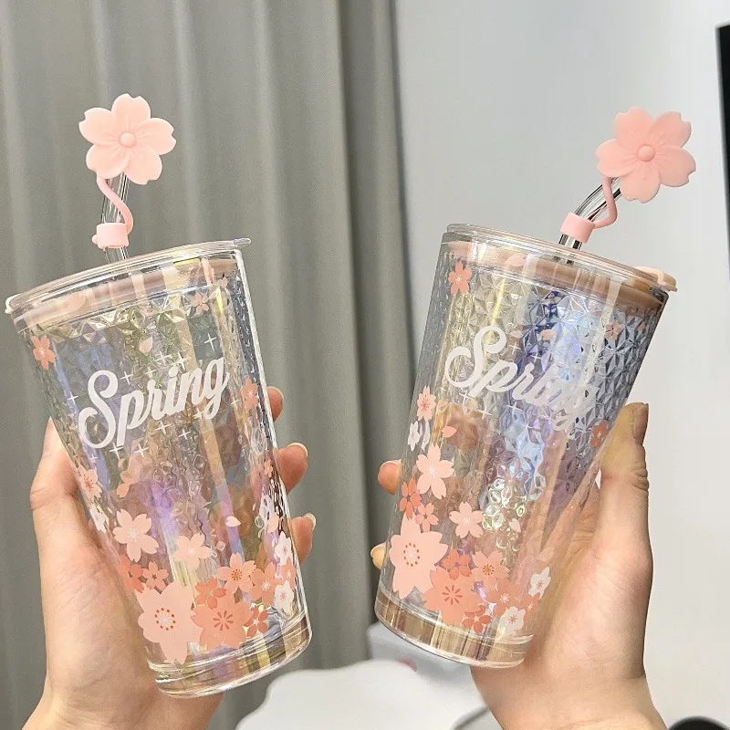 

Cartoon Romantic Sakura Straw Plastic Water Bottle Korean Creative Sweet Cup Milk Coffee Tea Cup Water Bottle