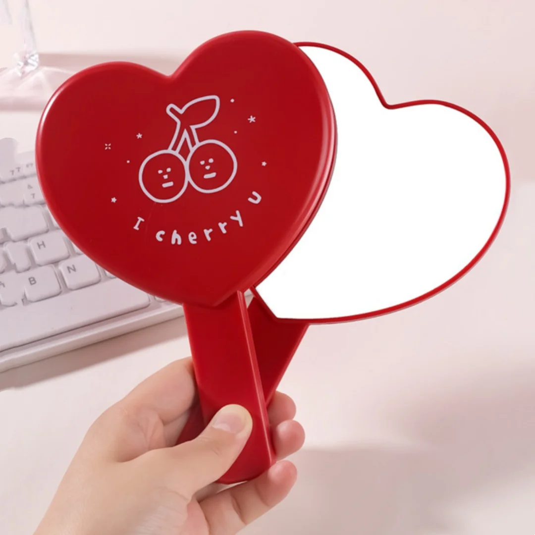 Cherry Love Heart Shaped Makeup Mirror Portable Handheld Red Cosmetic Mirror To Carry Around Beauty Accessories Women Girl Gifts