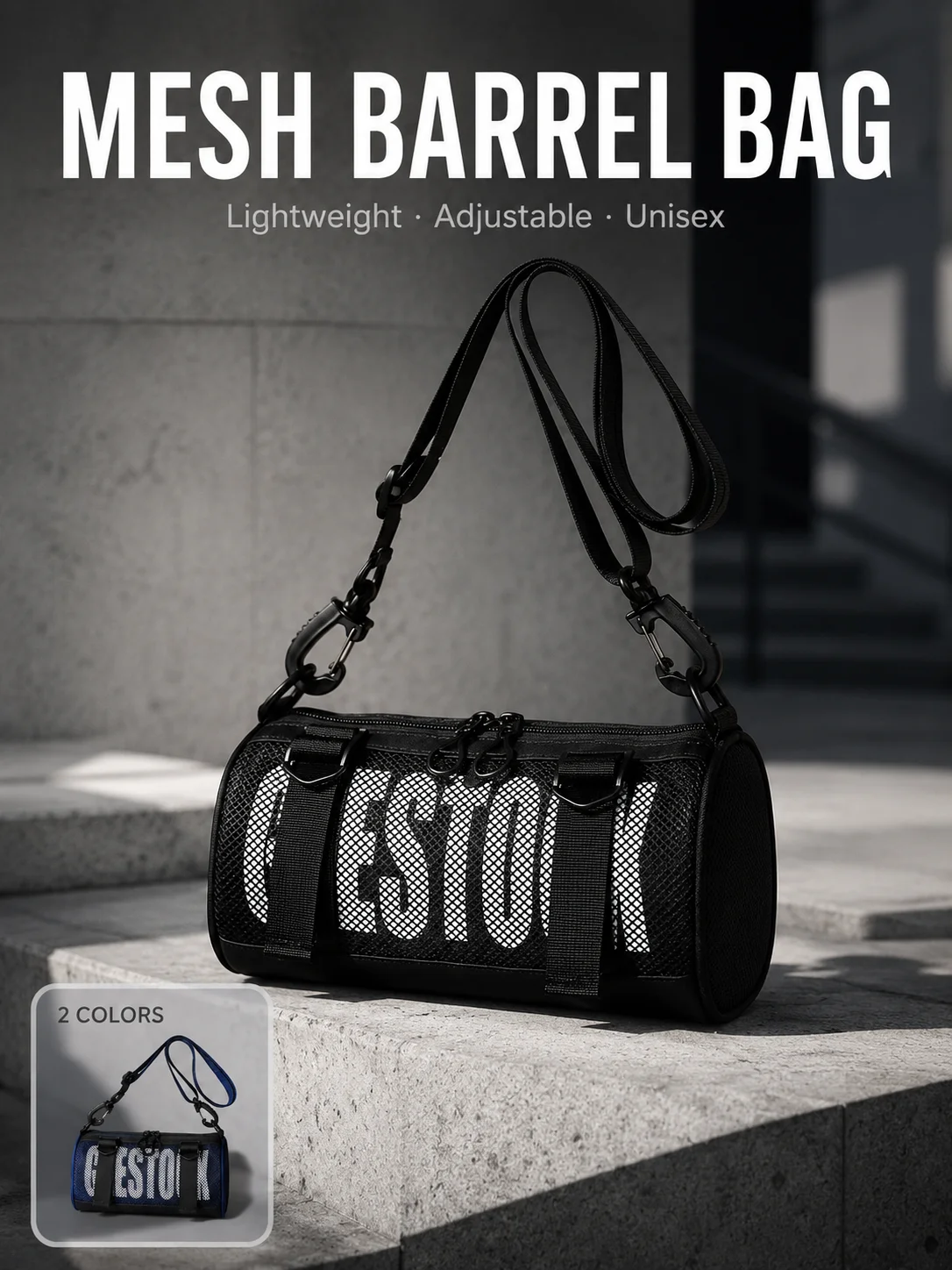 Mesh Barrel Crossbody Bag with Adjustable Detachable Strap, Lightweight Unisex Cylinder Shoulder Bag for Travel and Daily Use