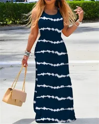 Women 2024 New Dress Denim Look Print U-Neck Maxi Dress