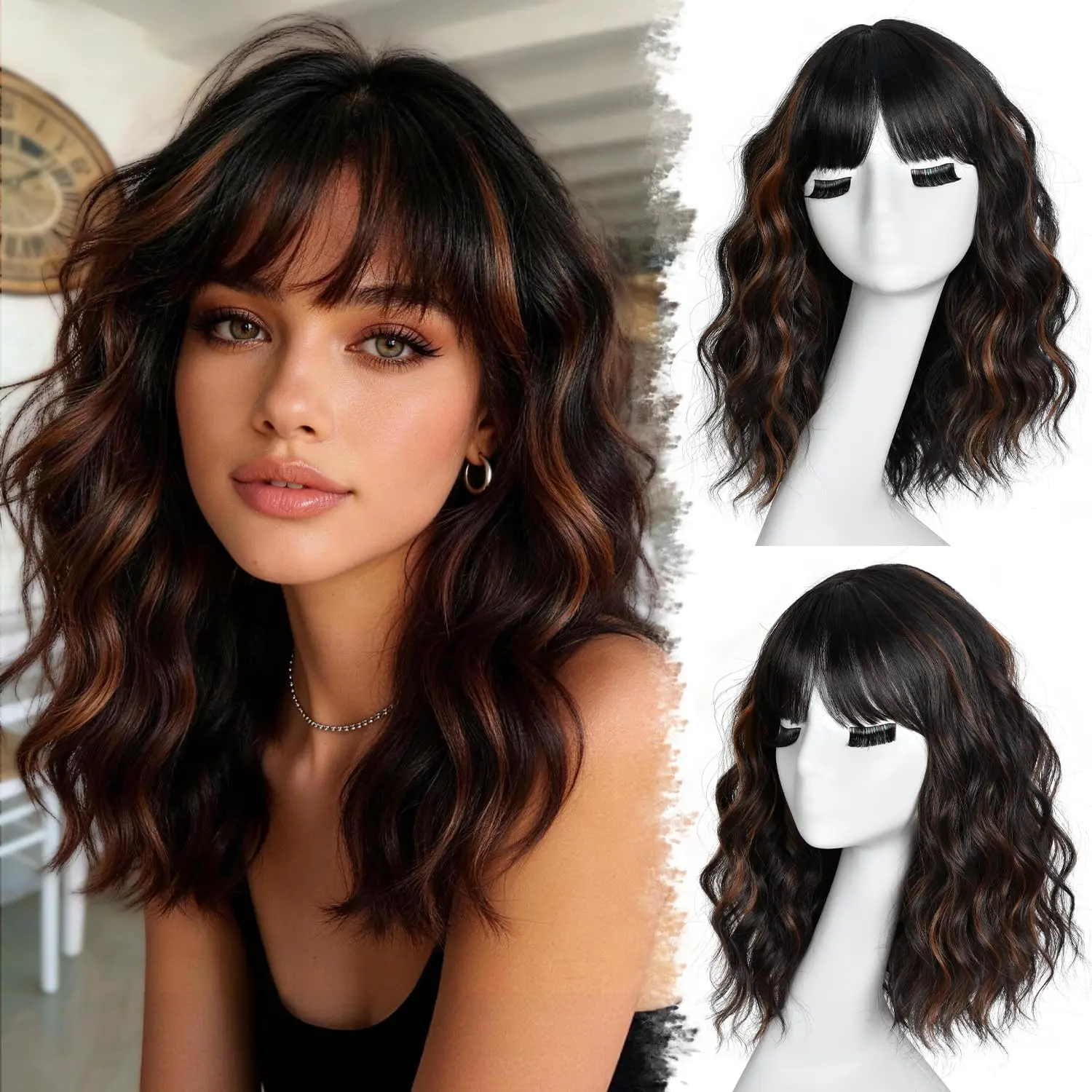 

Short Bob Wavy Wigs for Women 14 Inch Wig with Bangs for Women Shoulder Length Bob Hair Style for Halloween& Cosplay and Daily