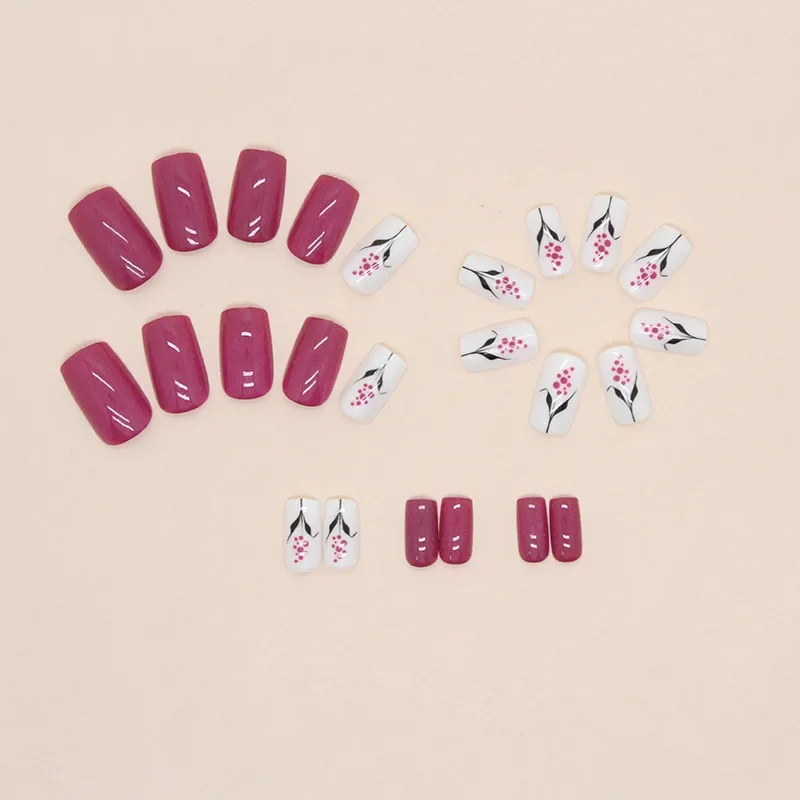 24pcs/set Square Rose Red Purple Flower Press on Nail False Nails for Girls Fake Nails with Design Artificial Nails Short Cheap