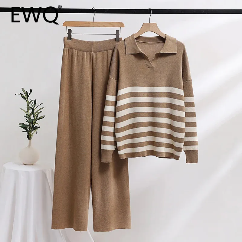 EWQ Casual Knitted Sweater 2 Piece Set Women Loose Simplicity Lapel Collar Striped Top High Wasit Pant 2024 Autumn New 27X567