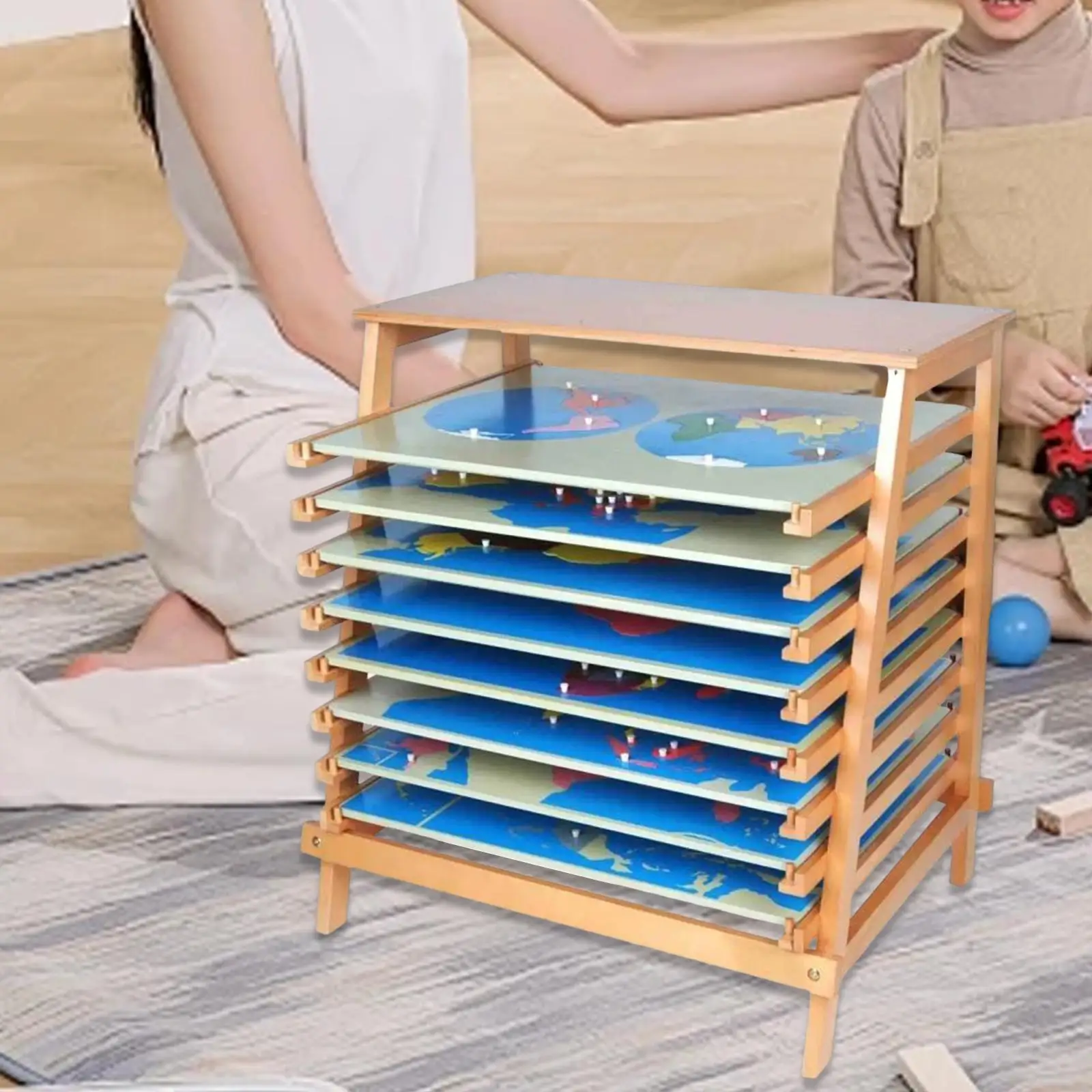 Drewniana półka do klasy, pomoce dydaktyczne, wczesna edukacja, mapa z papieru ściernego, zabawka edukacyjna, mapa-puzzle, stojak do przechowywania map, tablica do układania map-puzzle