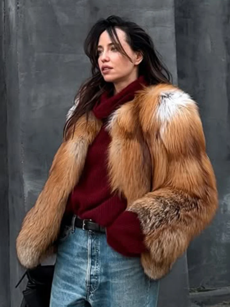 

Two-tone Luxury Faux Fur Short Coat Women Fashion Full Sleeve Loose Warm Cropped Jackets Lady Winter Daily Highstreet Outerwear