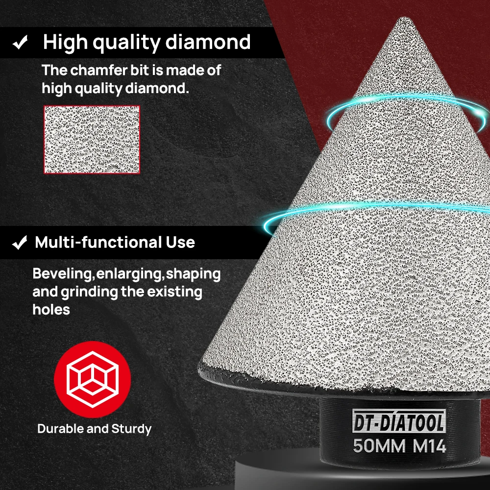 DT-DIATOOL Diamant-Fasenbits, 50-mm-Fräser zum Vergrößern von Löchern in Fliesen, Porzellan, Marmor, Keramik, Granit, M14-Gewinde – Detail 5