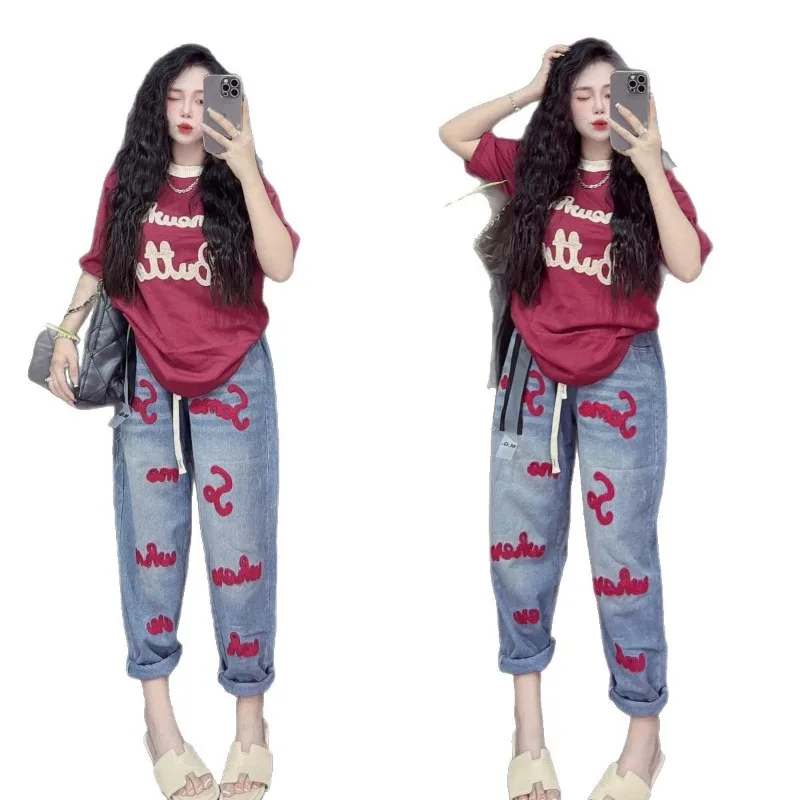 Retro Fashion Suit Women's Summer New Letter Printing Short-sleeved Milk Silk Wide-leg Pants Two-piece Set view 5
