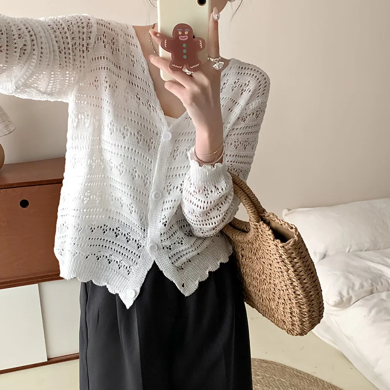 2023 Gentle wind hollow fashion knitwear V-neck temperament mesh sunscreen thin cardigan solid color