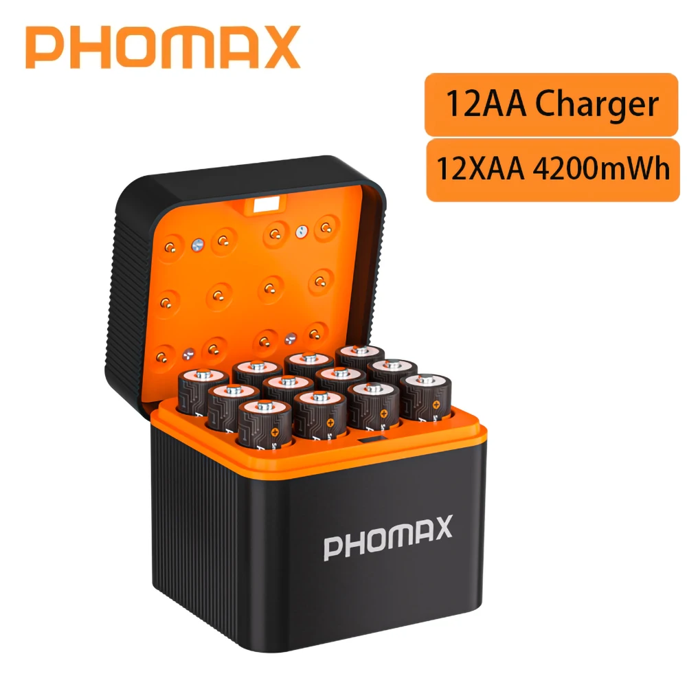 PHOMAX 2-32PC Oplaadbare lithiumbatterij 12-slots slimme snellader 1,5 V AA 4200 mWh batterijen voor koplamp speelgoedauto multimeter