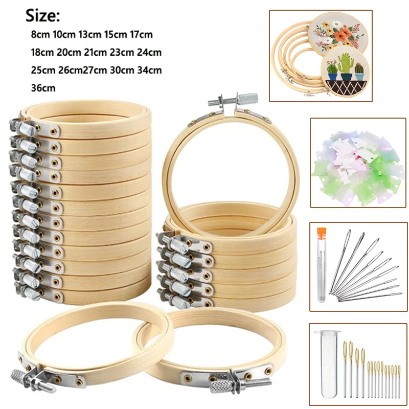 

10Pcs Bamboo Embroidery Hoops Set - Cross Stitch Craft Rings with 9-14Pcs Needles Kit for DIY Sewing, Home Decor, Gift Wrapping