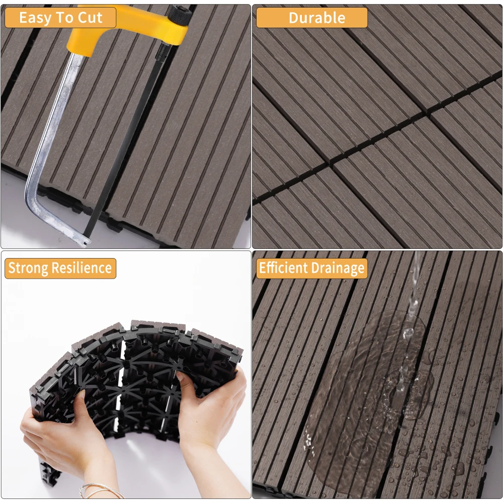 Wood Plastic Composite Deck Tiles Set of 20, Sustainable Composite Decking Resist Rust,Water, Weather,  Ideal,Light Coffee Color