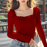 Women's Clothing Autumn Winter Screw Thread Square Collar Solid Color Pullover Long Sleeve Sweater Knitted Casual Fashion Tops