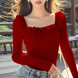 Women's Clothing Autumn Winter Screw Thread Square Collar Solid Color Pullover Long Sleeve Sweater Knitted Casual Fashion Tops