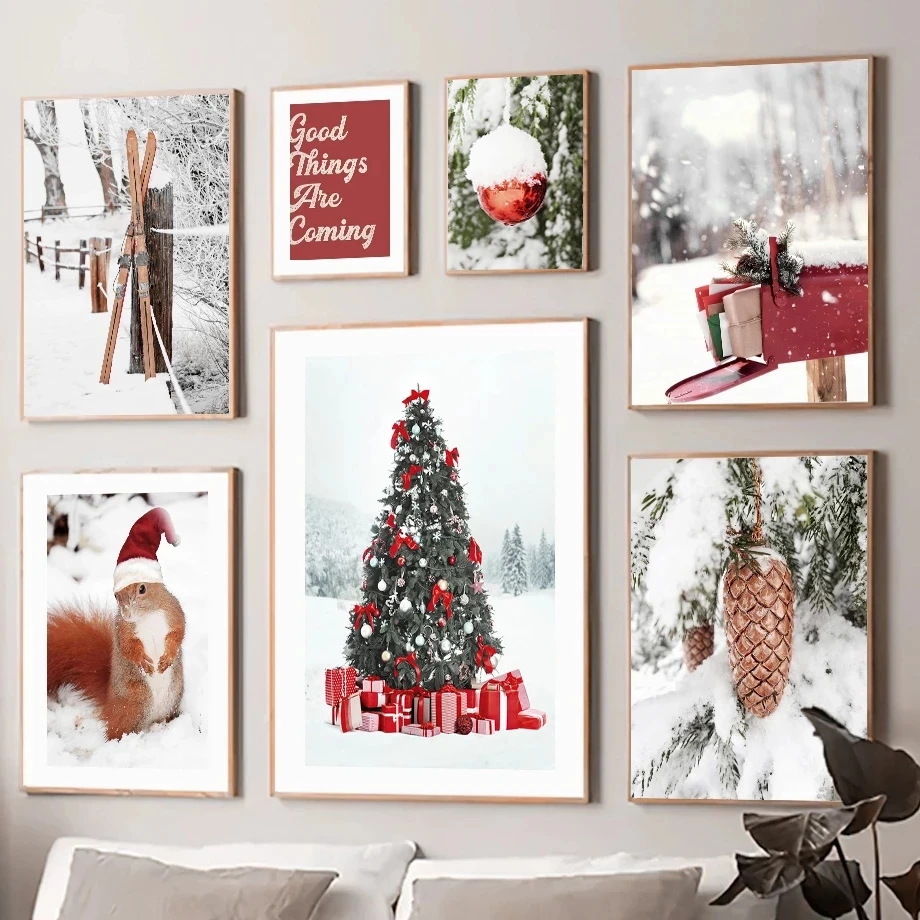 Nordic Scenery Picture Canvas Painting Wall Art Snow Santa Hat Pine Poster and Print for Modern Home Living Room Christmas Decor