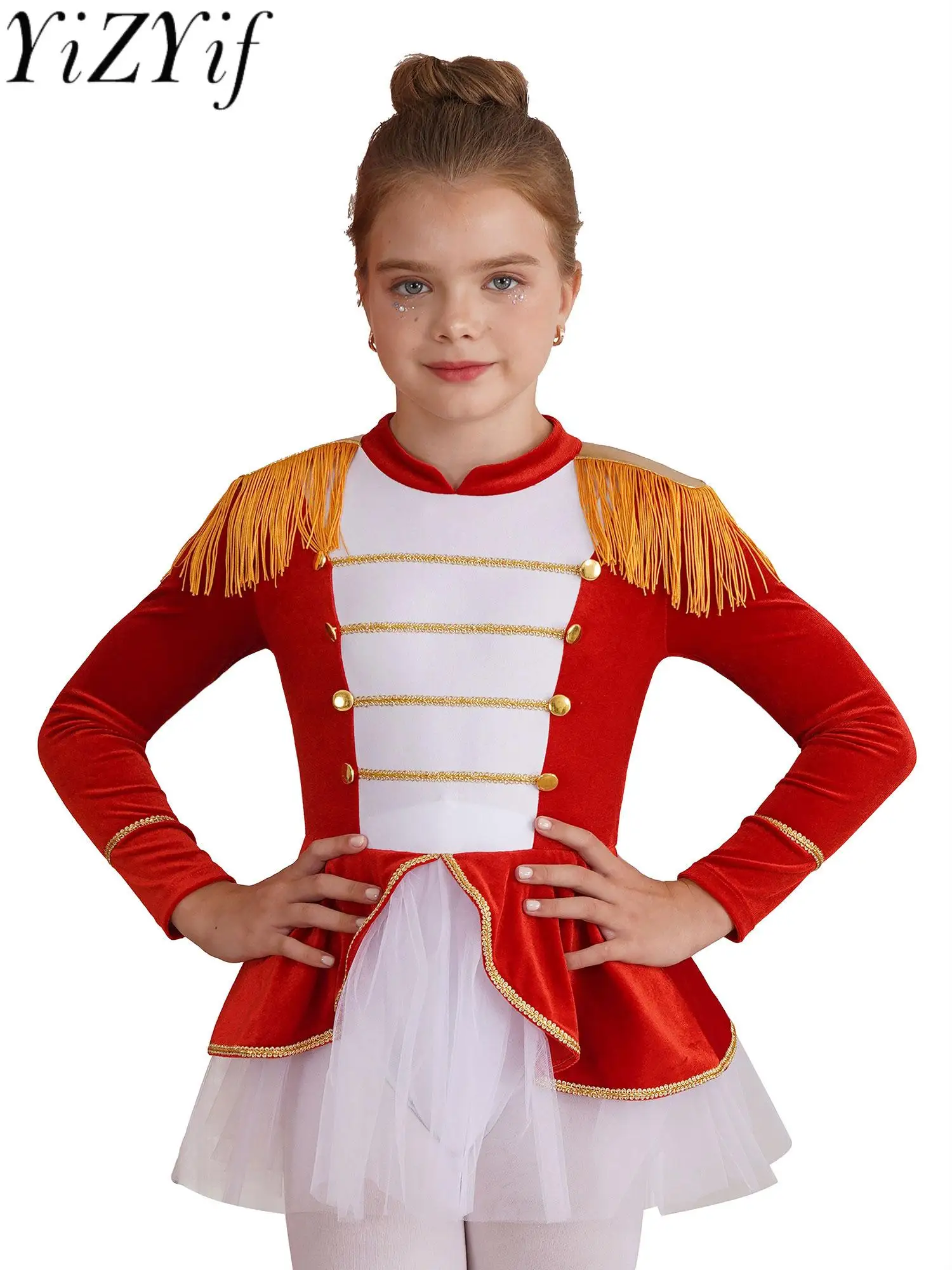 

Girls Circus Ringmaster Costume Set Long Sleeve Tutu Leotard Dress with Top Hat Circus Lion Tamer Halloween Cosplay Dress