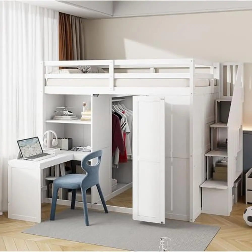 

Full Size Loft Bed Wood Bedframe with Wardrobe Storage Stairs Desk Shelves Kids Teens Adults Bedroom White Integrated Workspace