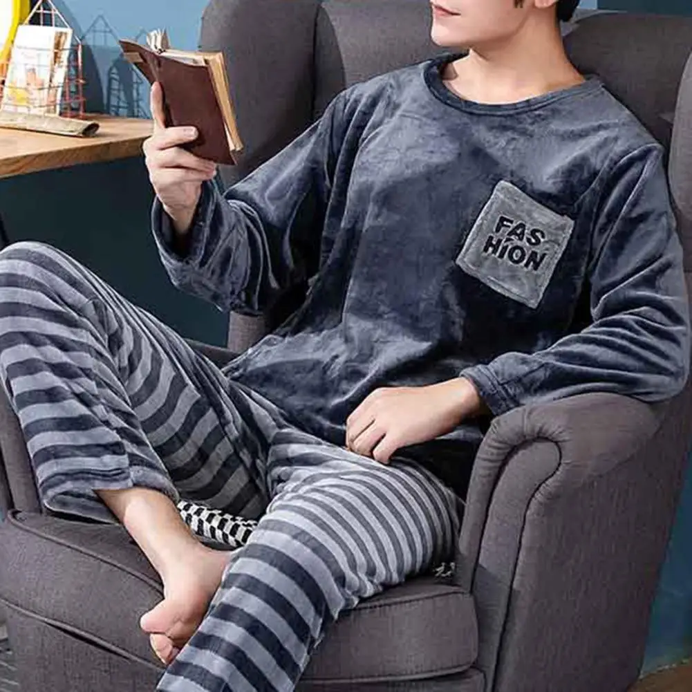 

Plus Size Pajama Set Men's Winter Pajamas Set with Round Neck Long Sleeve Elastic Waist Soft Pockets Cozy Homewear for Nights