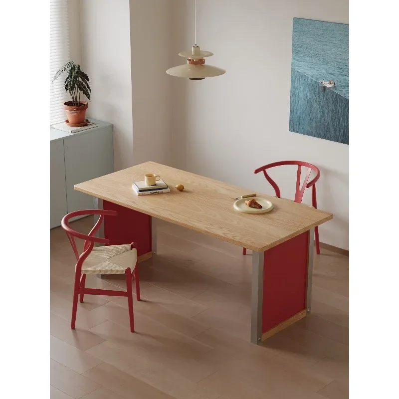 Bauhaus solid wood dining table for household use, color matching dining table log medium antique rectangular long desk