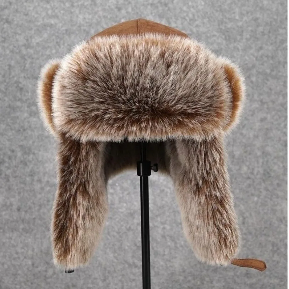 Atmungsaktiver Wildlederstoff, Herren-Lei-Feng-Mütze, dicke Kunstfell-Ohrschutzmütze, warme, mit Fleece gefütterte, kältebeständige Mütze zum Skifahren. – Detail 3