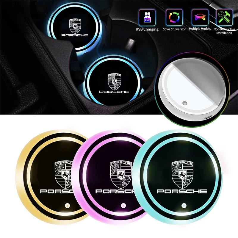 2 pz LED Luminoso Auto Tazza di Acqua Sottobicchiere Titolare 7 Colorati di Ricarica USB Per Porsche Boxster Cayman Cayenne 911 718 Macan Panamera