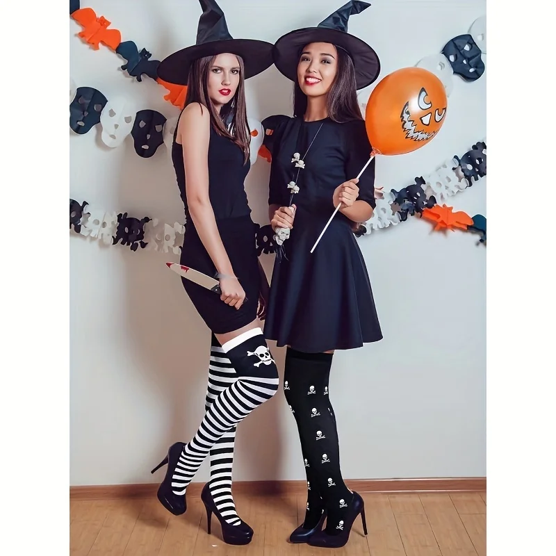 Gothic Overknee-Strümpfe, gestreifte Schnürstrümpfe mit Totenkopf-Kreuzmuster für Halloween, Cosplay, Party, Punk, Gothic-Alltagskleidung – Detail 4