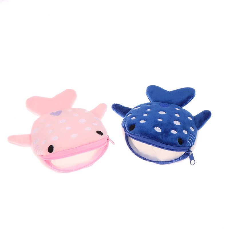 1Pc Plush Shark Coin Purse Cartoon Cute Coin Purse Zip Plush Three-dimensional Coin Purse Headphone Bag Wallet Key Holder