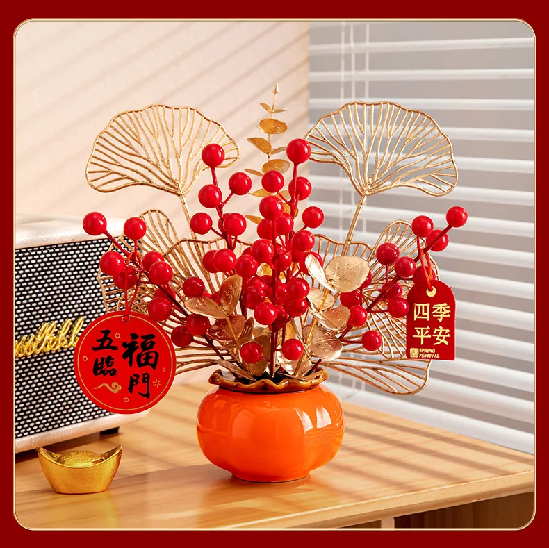 2024 Housewarming Decoration Persimmon Shaped Ceramic Jar Decor of Moving Ceremony for New Houses Ornaments Simulation Flowers