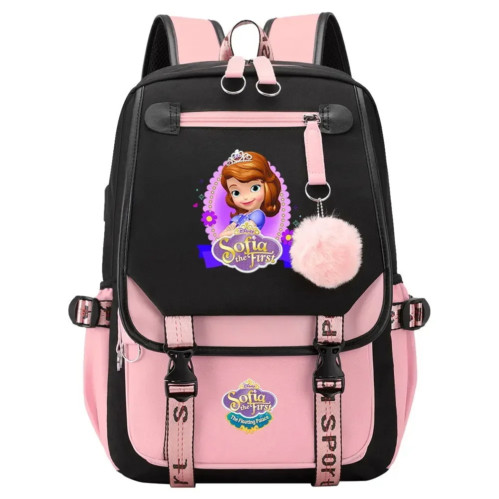 MINISO  Sofia Princess Boys Girls Kids School Book Bags Women USB Bagpack Teenagers Canvas Laptop Student Backpack