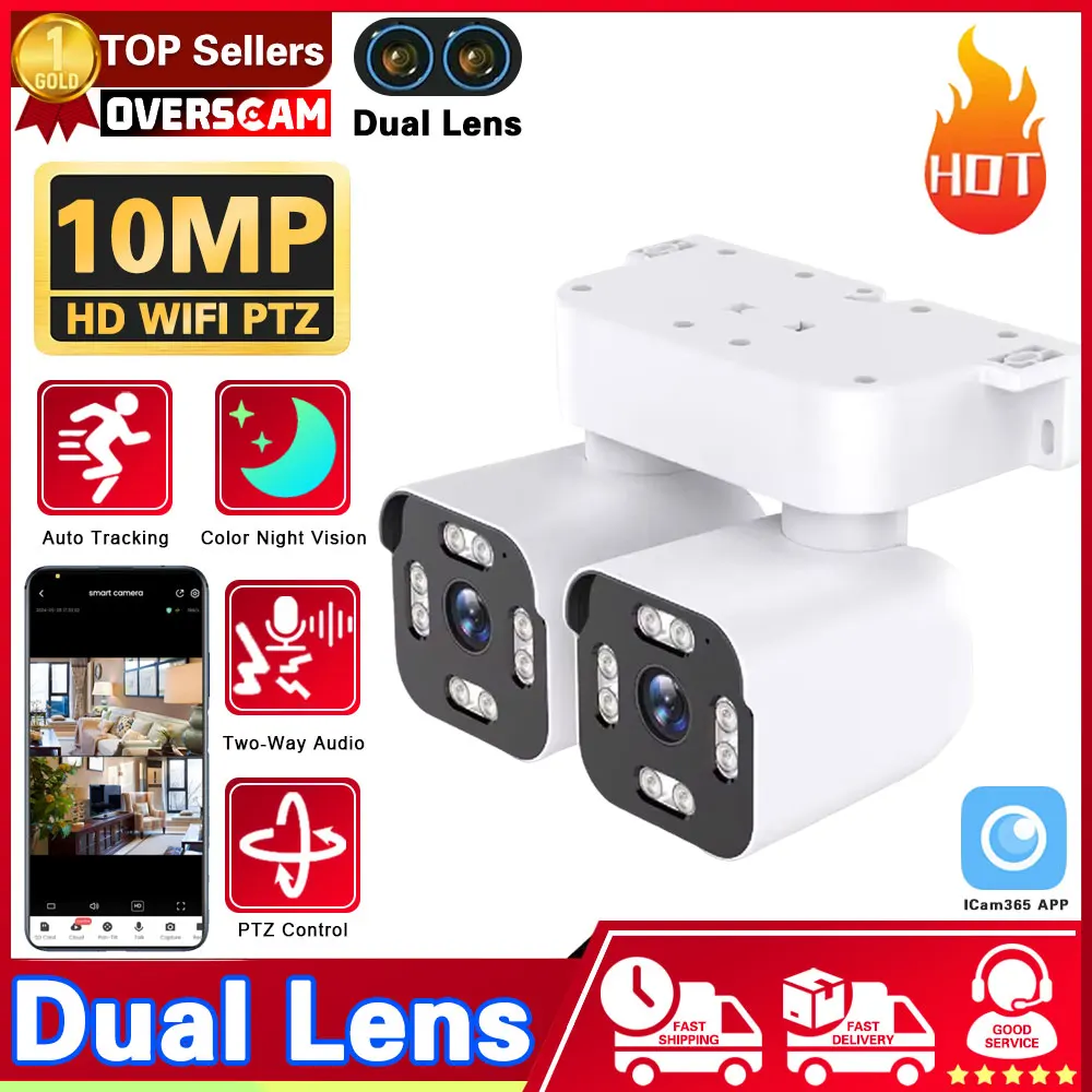 Cámara IP de doble lente para exteriores, videocámara de vigilancia CCTV con WiFi, pantalla Dual, 5MP, Zoom 10X, PTZ, seguimiento automático nocturno a Color, 10MP