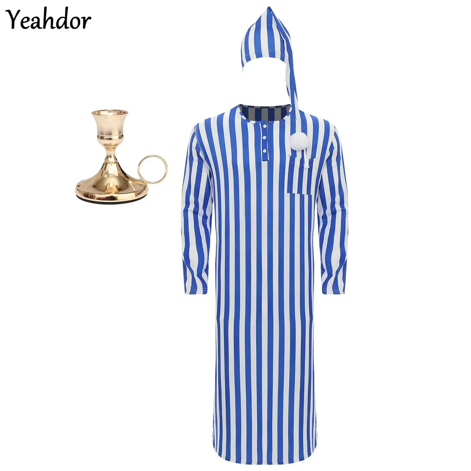 

Men Pajama Set Christmas Striped Sleep Nightdress Long Sleeve Loose Robe Nightgown with Hat Candlestick Christmas Eve Parties