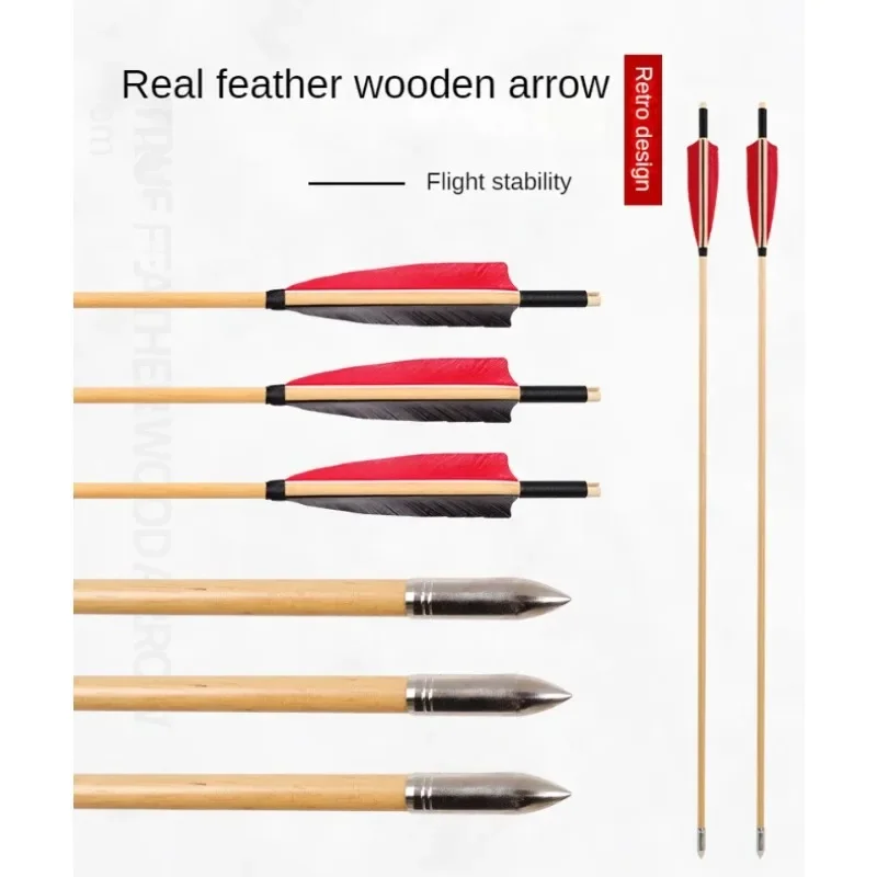 Archery Wooden Arrows 32inch Hunting Bamboo Arrow with Red Feathers Outdoor Precision Archery Shooting Handmake Bamboo Arrows