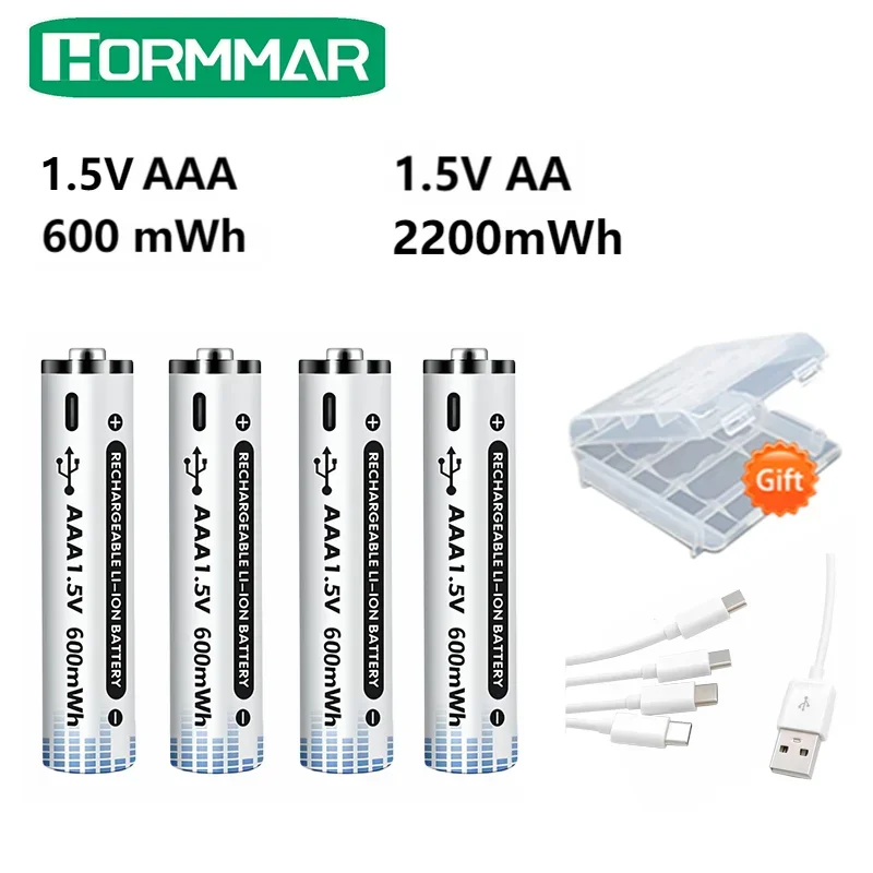 Genuine Rechargeable AA Batteries 2200mWh Large Capacity Type-C Fast Charge 600mWh AAA 1.5V Polymer Lithium Battery for Toy etc