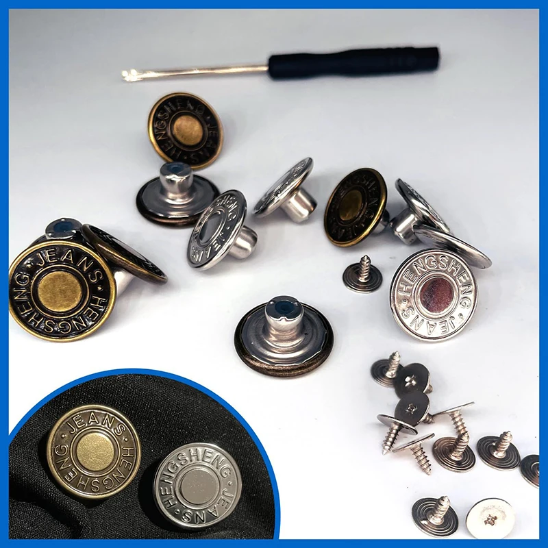12Pcs Jean Buttons Set with Screwdriver 17mm No Sew Adjustable Jeans Buttons Replacement Stainless Steel Bottons Kit for Jeans