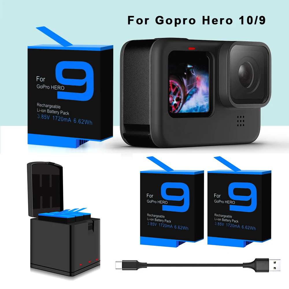 1-4pcs GoPro 10 9 Battery Charger 3 Way Smart Charging Case Rechargeable Battery Storage Box for Go pro Hero 9 10 Accessories