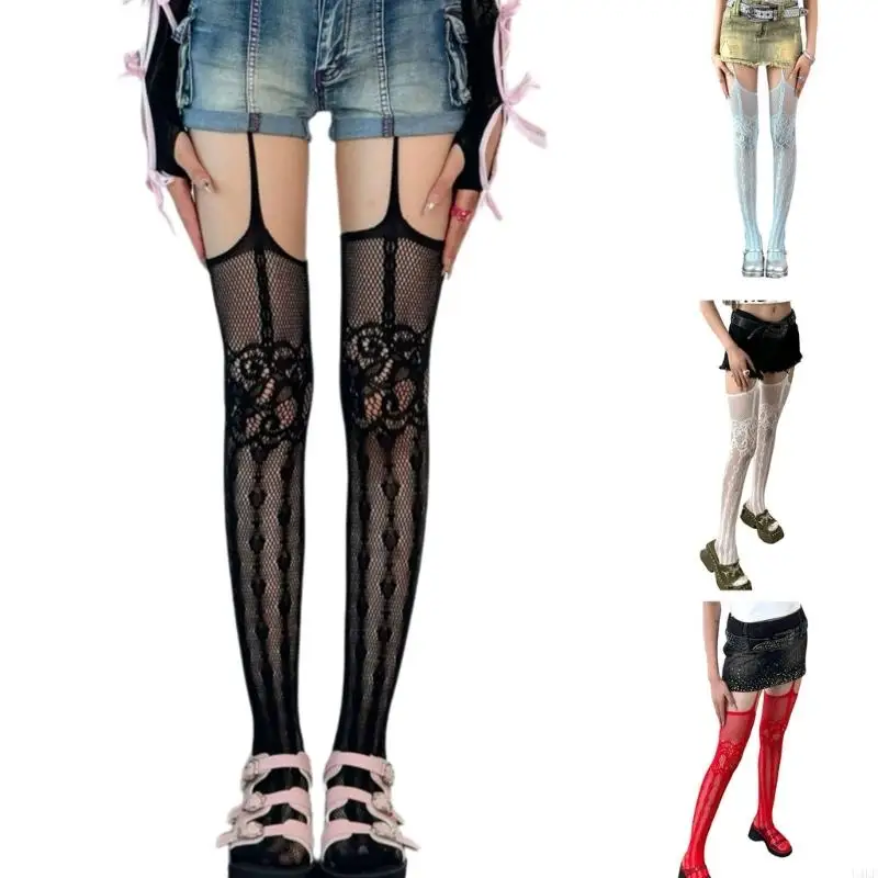 

U4LF Women Subculture Fishnet Mesh Garters Thigh High Stockings Tights Hollowed Out Heart Patterned Sheer Suspender Pantyhose