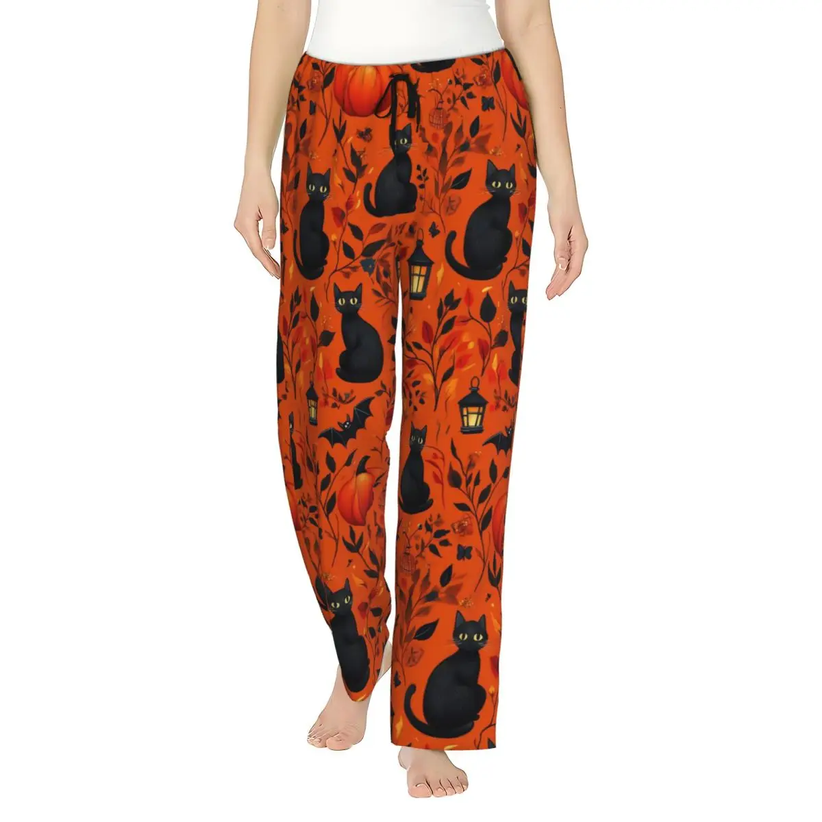 Halloween Ladies Loungewear pants Loose-Fit Black Cats Pumpkins Cute Pyjama Pants Dorm Pajama Bottoms