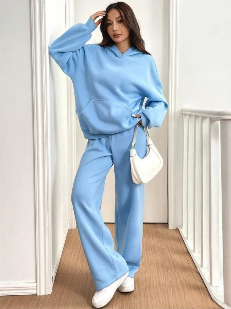 

Woman's Solid Color Sweatshirt Two-piece Set Fashion Hooded Hoodie Lace-up Straight-leg Pants Suit Autumn Winter Ladies Outfit