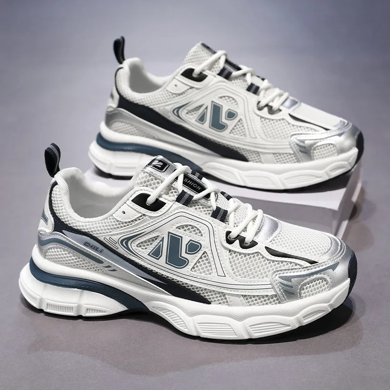 Men's Summer Sports Shoes Breathable Mesh Slip-On Running Shoes Trendy Dad Style Thick Bottom Casual Comfortable Rubber Sole