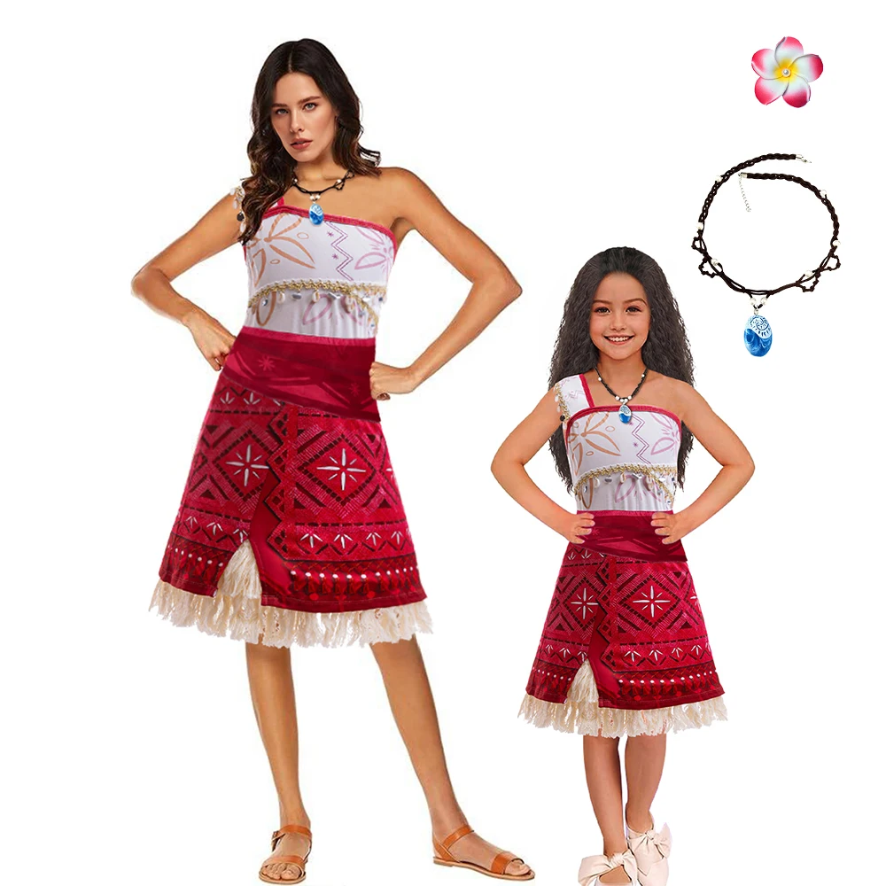 

Women Cosplay Vaiana Moana Princess Dress with Necklace Mommy and Daughter Clothes Girl Party Carnival Maui Adults Kids Outfits